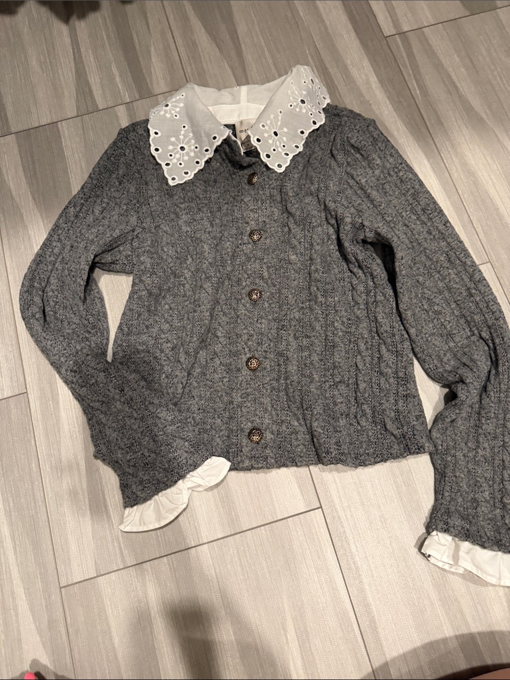 Maeve Gray Cable-Knit Button Cardigan with Eyelet Collar